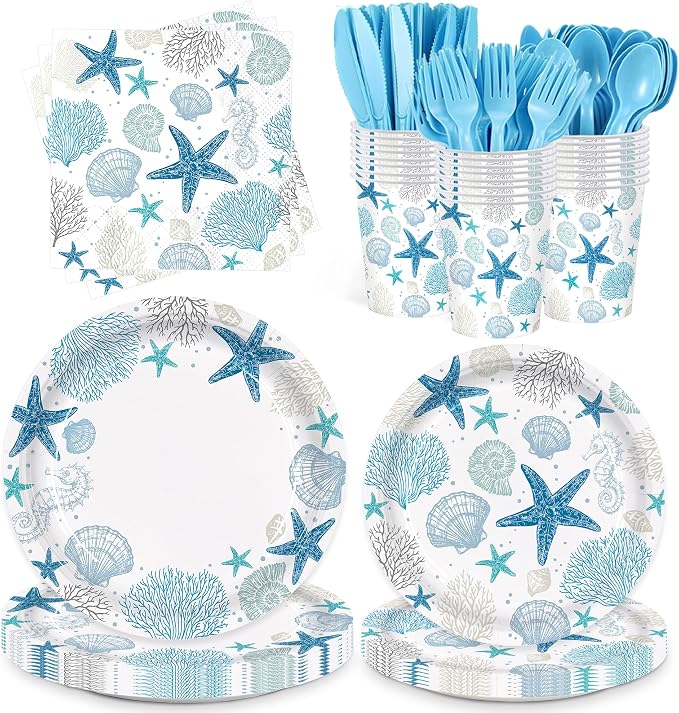 168pcs Coastal Beach Paper Plate Napkin Seashell Party Supplies Serve 24 | Blue by Vellumvibe
