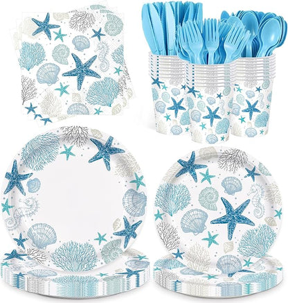 168pcs Coastal Beach Paper Plate Napkin Seashell Party Supplies Serve 24 | Blue by Vellumvibe
