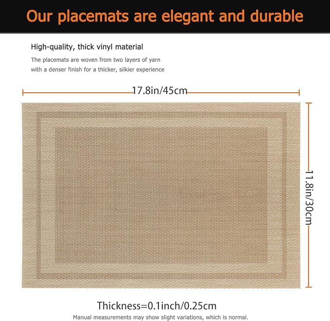Khaki Vinyl Placemats Set of 8, Heat Resistant Table Placemats | 18x12 inch - Image 3