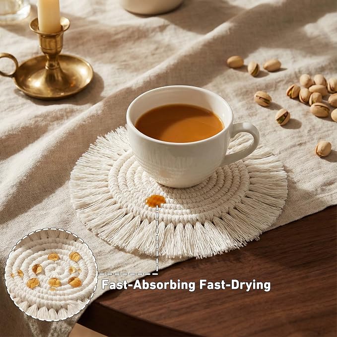 Coomin Boho Coasters for Drinks, Handmade Coasters 7.4in, 2p Beige | Woven - Image 4
