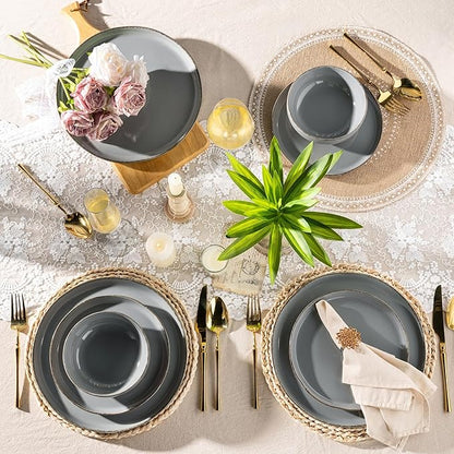 AmorArc Ceramic Dinnerware Sets for 4, 12 Pieces Handpainted Plates and Bowls Set with Rustic Terracotta Underside, Scratch Resistant Stoneware Dishes Set, Dishwasher & Microwave Safe