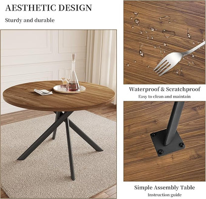 45.3 Inch Modern Round Dining Table for 4, Space-Saving Dinette with Carbon Steel Legs for Home Kitchen Apartment(Light Walnut Table)