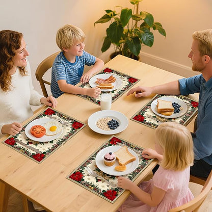 Christmas Poinsettias Placemats Set of 4 Washable Table Place Mats for Dining Kitchen Party Decor