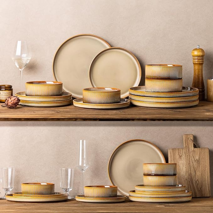 Ceramic Dinnerware Set for 8, 24-Piece Plates and Bowls Set | Lightweight - Image 7