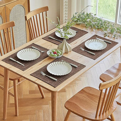 Softalker Faux Linen Placemats Set of 8-12 x 18 Inch, Heat Resistant Double Layered Durable Burlap Farmhouse Place Mats, Non-Slip Washable Rustic Table Mats for Dining, Kitchen, Party（Dark Brown