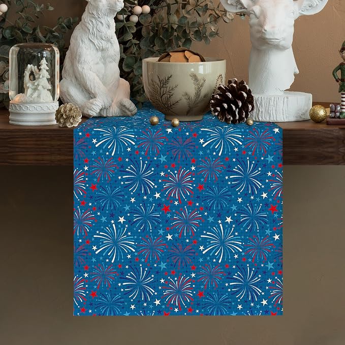 4July Blue Firework Burlap Table Runner Seasonal Spring Fall Kitchen Dining - Image 2