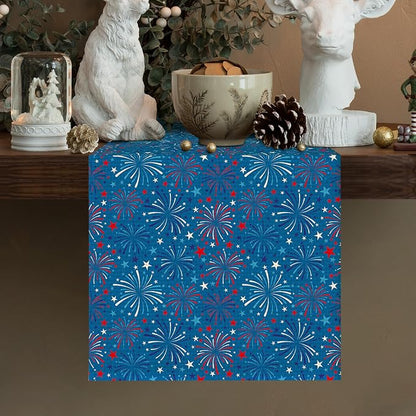 4July Blue Firework Burlap Table Runner Seasonal Spring Fall Kitchen Dining - Image 2
