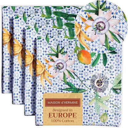 Maison d' Hermine Cloth Napkins Set of 4 100% Cotton Everyday Reusable Square Napkins Cloth Washable Dinner Party Wedding Restaurant Valentines Day Decorations Spring/Summer (Passiflora, 20" x 20")