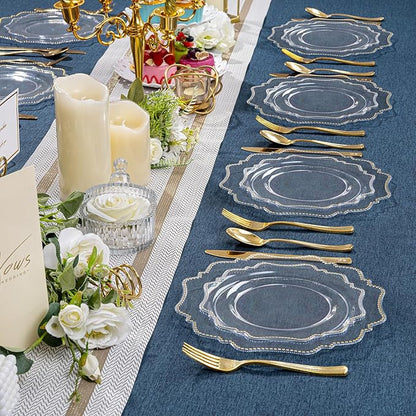 COLOSUS 100pcs Clear and Gold Plastic Plates Disposable Heavy duty Plastic Party Plates set Include 50 dinner plate and 50 dessert/salad plate for party/wedding