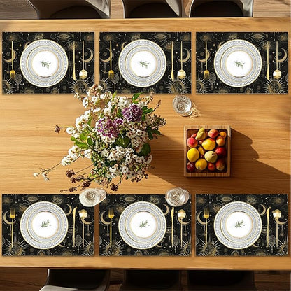 Placemats Set of 6,Moon Sun Table Mats,Vintage Boho Washable Linen Table Mats,Non-Slip Heat Resistant Placemats for Party Kitchen Dining Indoor Outdoor 12"x18"