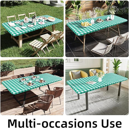 Smiry Rectangle Picnic Table Cloth, Elastic Waterproof Fitted Vinyl Tablecloths, Flannel Backed Buffalo Plaid Table Covers for Dining, Camping, Outdoor (White and Green, 36" x 96")
