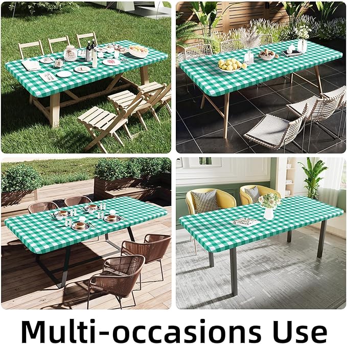 Smiry Rectangle Picnic Table Cloth, Elastic Waterproof Fitted Vinyl Tablecloths, Flannel Backed Buffalo Plaid Table Covers for Dining, Camping, Outdoor (White and Green, 24" x 48")