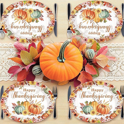 Grencian 50Pcs Thanksgiving Oval Paper Plates 12" X 10" Large Heavy Duty Disposable Fall Pumpkin Flowers Plates Autumn Give Thanks Platter for Fall Harvest Holiday Thanksgiving Party Decorations