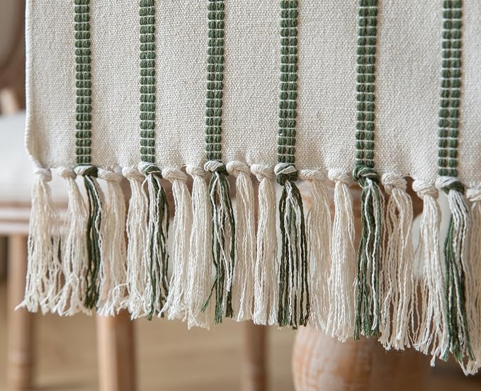 Caflife Boho Table Runner 108 Inchs Long Green and Beige, Cotton and Linen Woven - Image 5