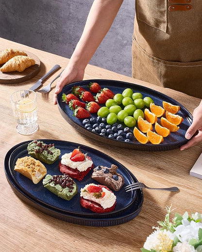 famiware Serving Platter, 16/14.6/12.9 Inch Serving Dishes for Entertaining, Party Serving Trays for Food, Buffet Oval Platters for Food, Large Plates for Bread Turkey Cheese Appetizer, Nebulas Blue