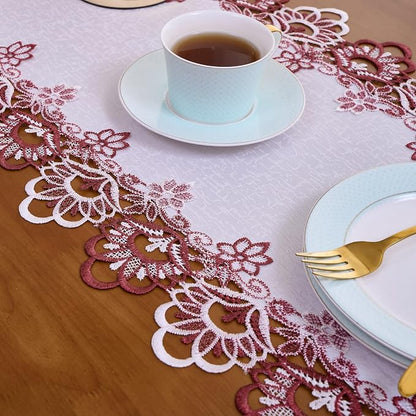 White Dark Red Jacquard Lace Table Runner 90 inches Long, Claret Dresser Scarf - Image 6