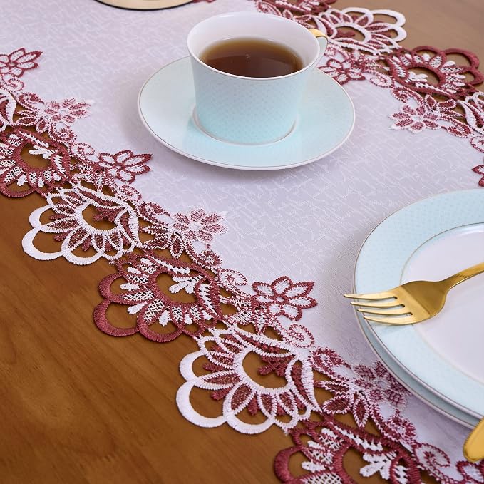 White Dark Red Jacquard Lace Table Runner 36 inches Dresser Scarf | French - Image 5