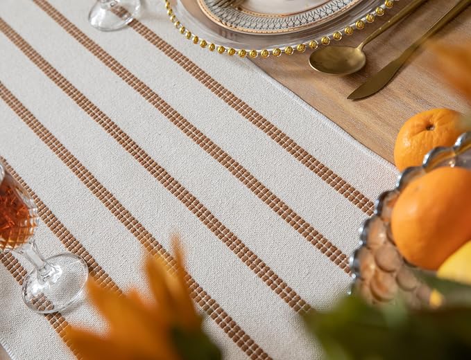 Caflife Boho Table Runner 90 Inchs Long Brown and Beige, Cotton and Linen Woven - Image 5