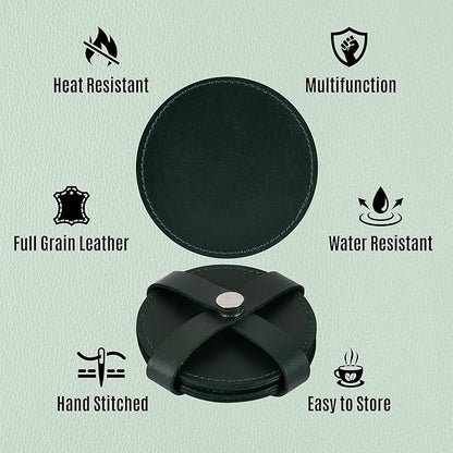 Genuine Leather, Premium Table Coasters by Leatherific, Round, 4 inch, Set of 6, with Holster, Handcrafted, Hand Made, Non Slip Drink Mats, Green (Forest Green, 4")