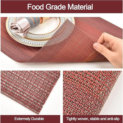 SLKQG Red Placemats Set of 4 - Easy Clean Washable Vinyl Placemats - Wipeable Heat Resistant Table Mats for Dining Table - 17.7x11.8 Inch (4, Red Gradient)