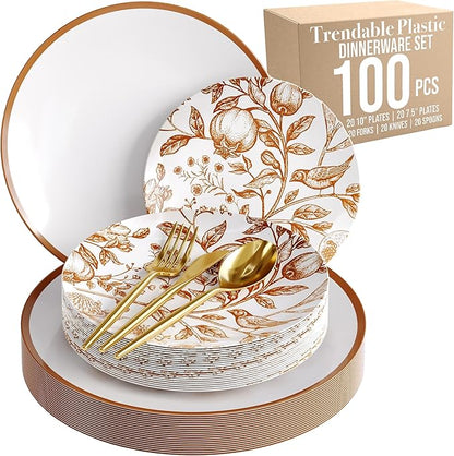 Trendables Fancy Plastic Dinnerware Sets 100 Pc Set 20 Guests Gold Silverware Disposable 20 X 10 Inch Charger Plates 20 X 8 Inch Dessert Plates 20 x Gold Plastic Forks and Spoons Knives In Pomegranate