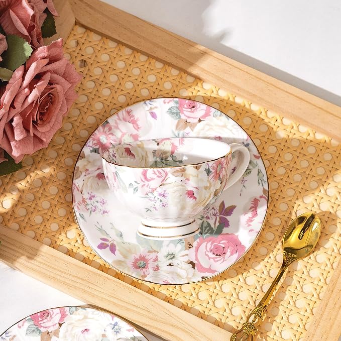 fanquare Pink Floral Tea Cup and Saucer Set - Image 2