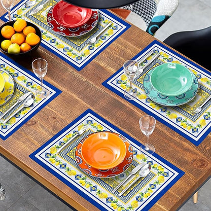 Lemon Summer Table Placemats for Dining 12 x 18 Inch Set of 4，Blue Yellow Boho Heat-Resistant Washable Table Non-Slip Rectangle Place Mat for Seasonal Party Kitchen Dining Table Decor