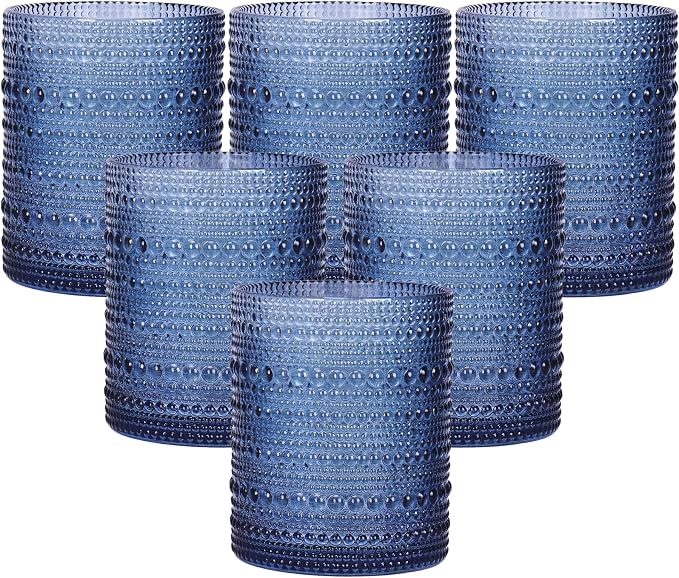 Moretoes 10oz Blue Hobnail Drinking Glasses Set of 6 Cocktail Glasses | Vintage by Moretoes