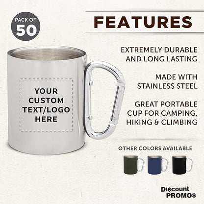 Custom Stainless Steel Mugs with Carabiner Handle 10 oz. Set of 50, Personalized Bulk Pack - Perfect for Coffee, Soda, Other Hot & Cold Beverages - Silver