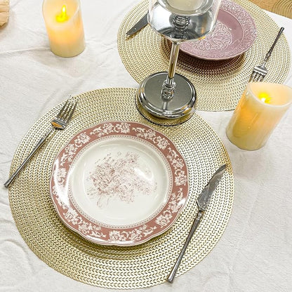 Set of 4 PVC Gold Textured Round Placemats Dinning Kitchen Table Mats Decorations Setting for Christmas Wedding Thanksgiving Party Event Holiday Autumn Harvest 15 Inch