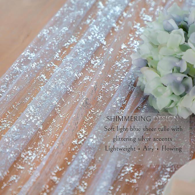 Snowkingdom Light Blue Silver Gauze Table Runner 10ft 120 inch Glitter Sheer - Image 3