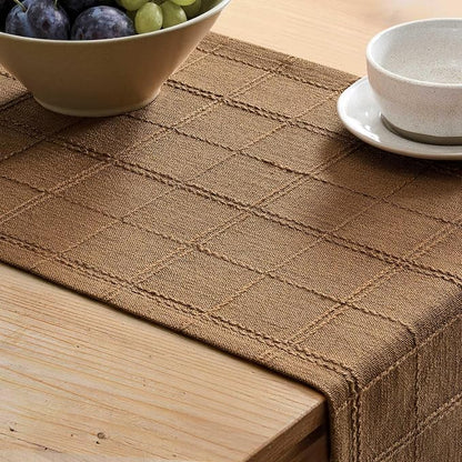 Linen Checked Farmhouse Table Runner, 13x90 Inches Roasted Brown | Raised Grid - Image 5