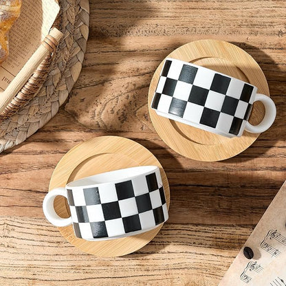 LUKA 6 Ounce Ceramic Stackable Black and White Checkered Espresso Cups - Image 5