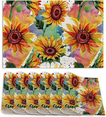 Placemats Set of 6 Linen Washable Kitchen Dining Watercolor Sunflower Table Mats Stain Heat-Resistant Desktop Décor Colorful Wildflower Place Mats for Home Party Indoor 12x18 in