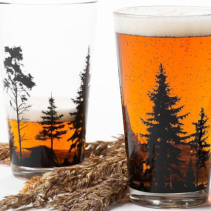 Black Lantern Nature Themed Pint Glasses Set of 2 – Pint Glasses in Unique Designs for Craft Beer Enthusiasts - (Set of Two 16oz. Glasses) - Beer Glasses for Nature Lovers (Mountain Camping)