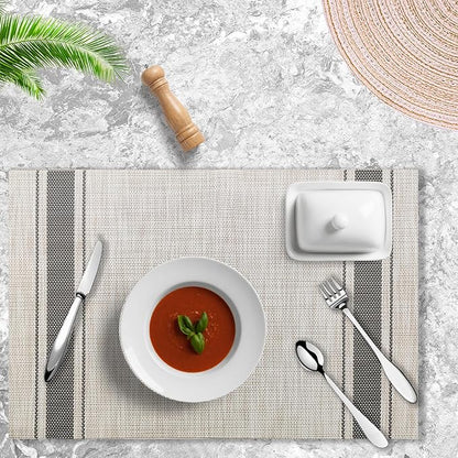 Placemats Set of 4 Vinyl Washable Gray Placemats, 18"x12" Wipeable Heat-Resistant Non-Slip Easy Clean Table Mats Ideal for Dining Table Table Runner and Outdoor(4, Grey Wide Stripe)