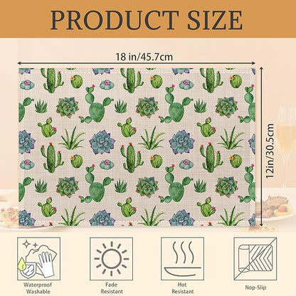 Cactus and Succulent Watercolor Placemats Set of 6 Washable Table Mats for Kitchen Dining Table,Heat-Resistant Place Mats for Indoor Outdoor Party Holiday Decoration