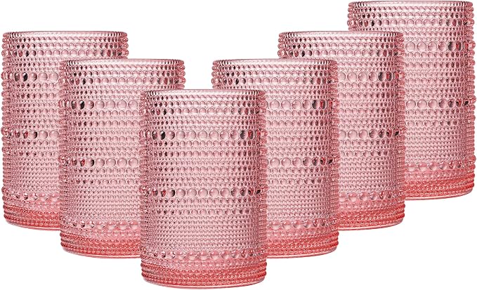 JOVGANK Pink Vintage Hobnail Drinking Glasses Set of 6, Water Tumbler 15oz by JOVGANK