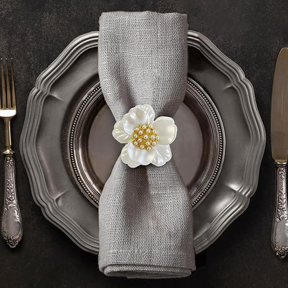Decozen Set of 8 White Gold Napkin Rings in Floral Design, Festive, Table Decor Setting for Holiday, Wedding, Birthday, Kitchen, Home Decor, Housewarming Gift - Mothers Day Decorations