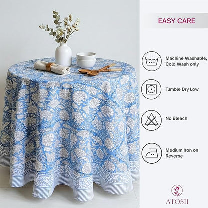 ATOSII Azora Blue 100% Cotton Round Spring Tablecloth, Handblock Print Floral Table Cloth for Kitchen Dining Linen I Parties, Weddings, Outdoors, Easter Holidays I 60" Inches Round