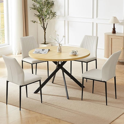 45.3'' Walnut Round Dining Table Set for 4, Mid Century Modern Small Coffee Set for Dining Room Kitchen Apartment (Cream Table + 4 White Chairs)