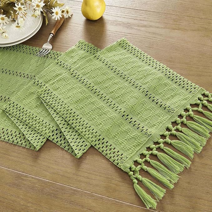 Macrame Style Boho Table Runner, 12x90 Inch Green | Woven Boho Table Runner - Image 7