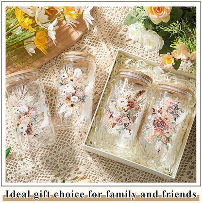 Mumufy 4 Pack Wildflower Glass Cups Gift Aesthetic Cute Glass Cup Tumbler - Image 6