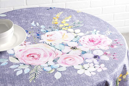 Maison d' Hermine Table Cloth Round Table 100% Cotton 63 Round Inches Tablecloth Reusable Decorative for Dining Room Home Valentines Day Decorations Spring Summer- Sweet Rose Lavender - Country Garden