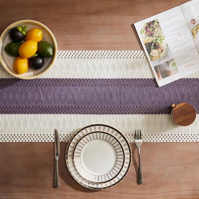Macrame Style Bicolor Stitching Table Runner 14x108in Purple | Woven Boho Table - Image 4