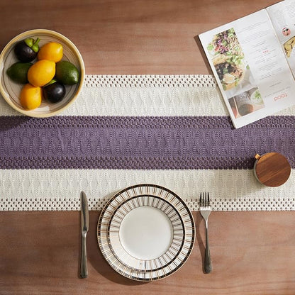 Macrame Style Bicolor Stitching Table Runner 14x108in Purple | Woven Boho Table - Image 4