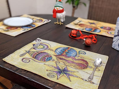 DaDa Bedding Bohemian Ornaments Tapestry Placemats - Set of 4 Festive Christmas Holiday Turkish Star Lights Lanterns - Needle Stitched Cotton Linen Woven Kitchen Dining Table Mats - 13” x 19” (14916)