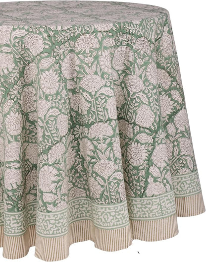 ATOSII Jade 100% Cotton Boho Round Tablecloth, Block Print Floral Table Cloth Linen for Dining, Parties, Weddings, Outdoors I Table Decor I 60" Inches Round