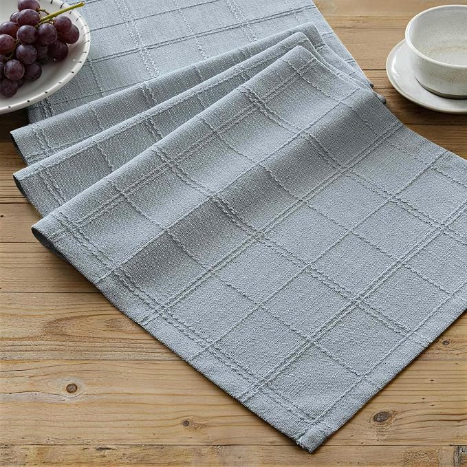 Linen Checked Farmhouse Table Runner, 13x90 Inches Chambray | Raised Grid Design by ZEEMARTONLINE