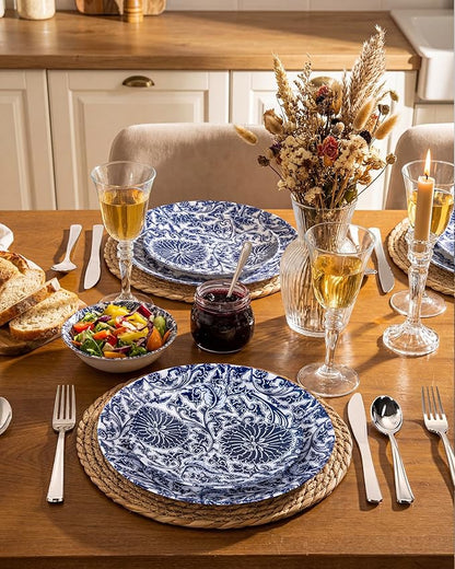 Hioasis 60pcs Plastic Disposable Plates Set - Blue Dandelion & Blue Leaf Pattern, 10.25 Dinner & 7.5 Dessert Plates for Wedding,Anniversary,Party and Holiday